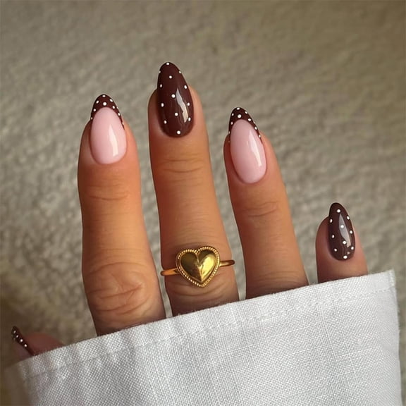 Polka Dot Press on Nails Short Almond Brown Fake Nails Brown French Tip False Nails Press ons with Design Glossy Acrylic Full Cover Fall Stick on Nails for Women Girls Manicure 24Pcs