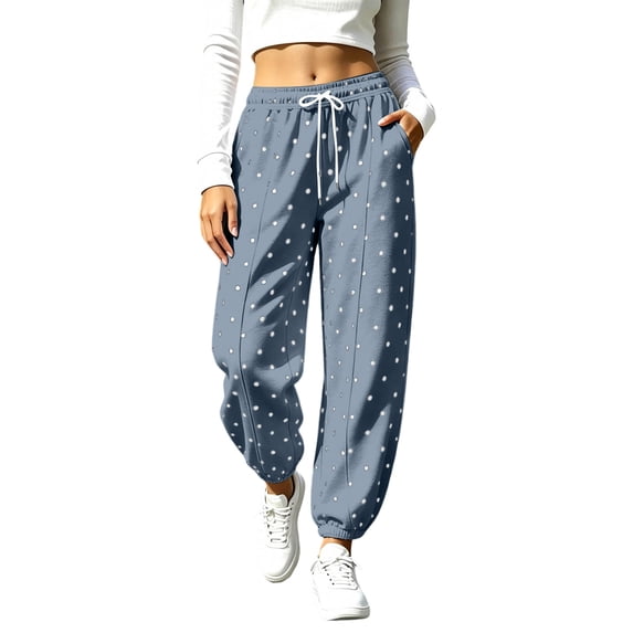 Polka Dot Print Fleece Joggers Drawstring Waist Casual Sweatpants with Pockets for Women