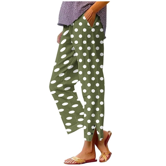 Polka Dot Print Linen Pants for Women Button Side Slit Vintage Trousers Lightweight Casual Slacks Elastic Waist Wide Leg Beach Palazzo Trouser with Pockets 2026 Green S
