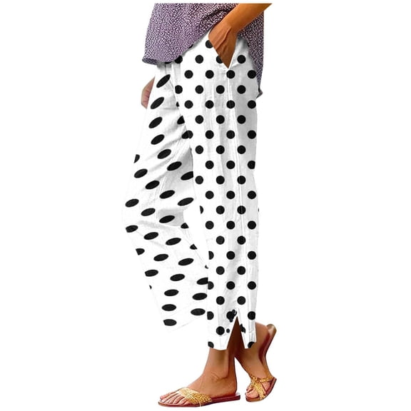 Polka Dot Print Linen Pants for Women Button Side Slit Vintage Trousers Lightweight Casual Slacks Elastic Waist Wide Leg Beach Palazzo Trouser with Pockets 2026 White XL