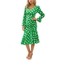 thumbnail image 1 of Polka Dot Print Ruched Ruffle Hem Dress for Women Below Knee Length Green Medium, 1 of 4