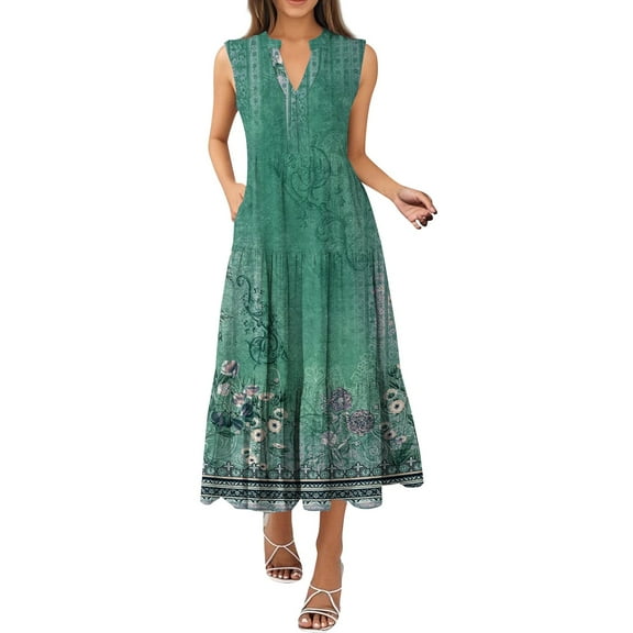 Polka Dot Print V-Neck Sleeveless Pleated Dress Summer Casual Swing Dress with Belt Loops for Retro-Themed Parties,Green S