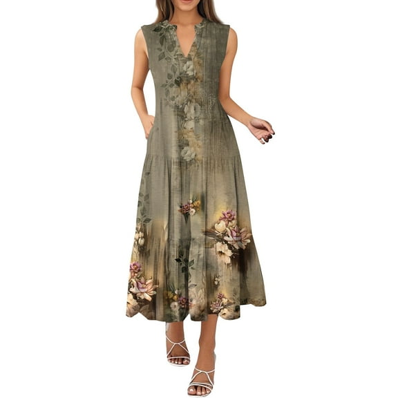 Polka Dot Print V-Neck Sleeveless Pleated Dress Summer Casual Swing Dress with Belt Loops for Retro-Themed Parties,Light Brown XL