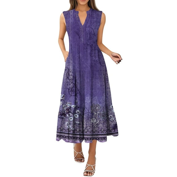 Polka Dot Print V-Neck Sleeveless Pleated Dress Summer Casual Swing Dress with Belt Loops for Retro-Themed Parties,Purple 2XL