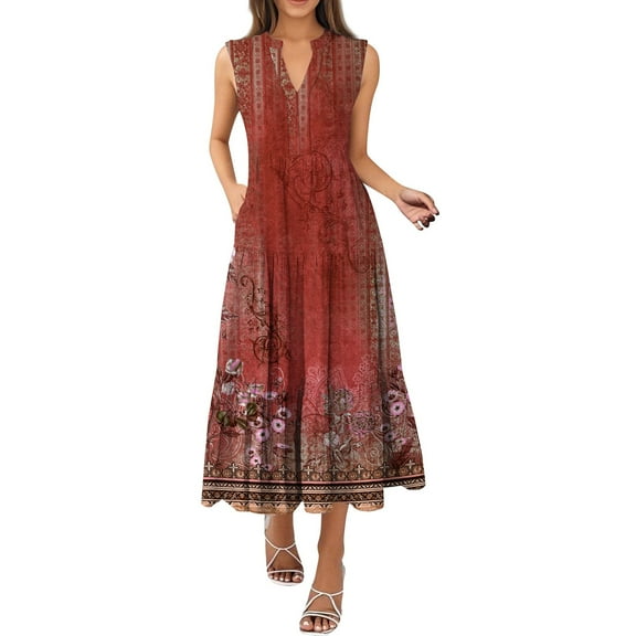 Polka Dot Print V-Neck Sleeveless Pleated Dress Summer Casual Swing Dress with Belt Loops for Retro-Themed Parties,Red 2XL