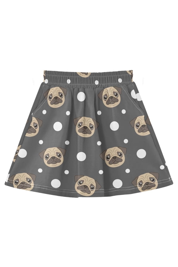 Polka Dot Pug Head Athletic Skirt with Pockets and Built-in Shorts for 3-8Y