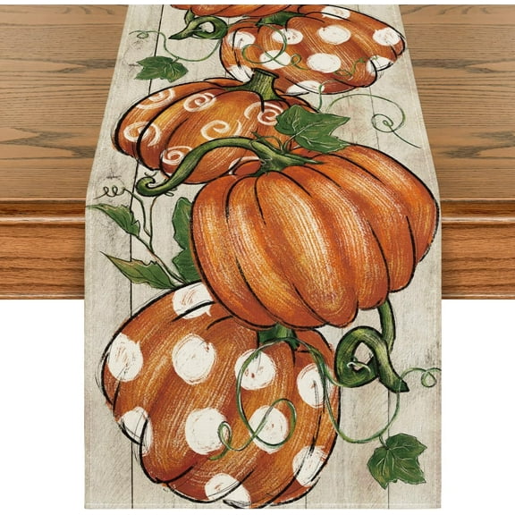Polka Dot Pumpkins Vine Wood 210 GSM Fall Table Runner, Seasonal Autumn Kitchen Dining Table Decoration for Home Party Decor 13x36 Inch