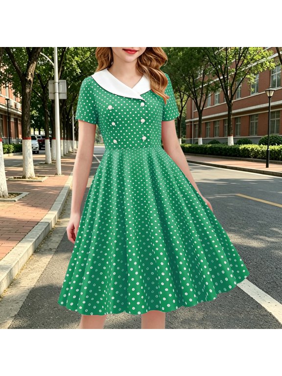 Polka Dot Retro Short Sleeve Swing Dress for Girls 5-16Y,Notch Lapel Dress, Vintage 1950s A-Line Party Dress for Tweens,Cute Summer Outfit for Casual Daily Wear and Formal Occasions Light Green