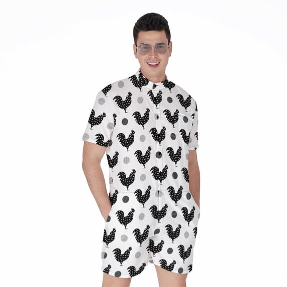 Polka Dot Rooster Pattern Short Sleeve Men'S Rompers, Dots Casual Summer Jumpsuits Outfit