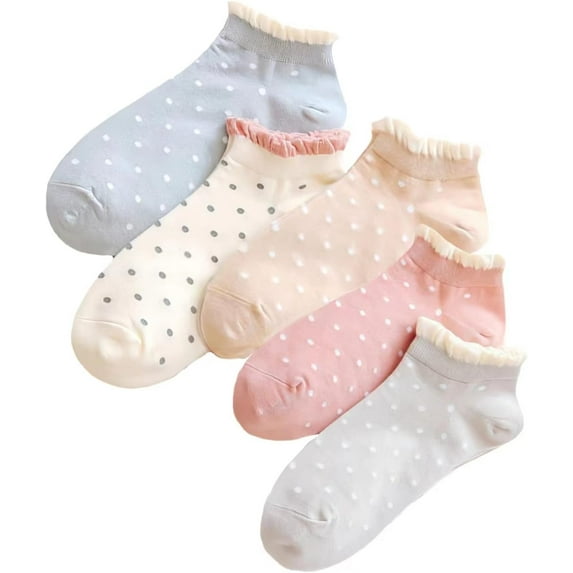 Polka Dot Ruffle Low Ankle Socks for Women Cute Thin No Show Socks Lightweight Pastal Color Soft Sock 5/6 Pairs