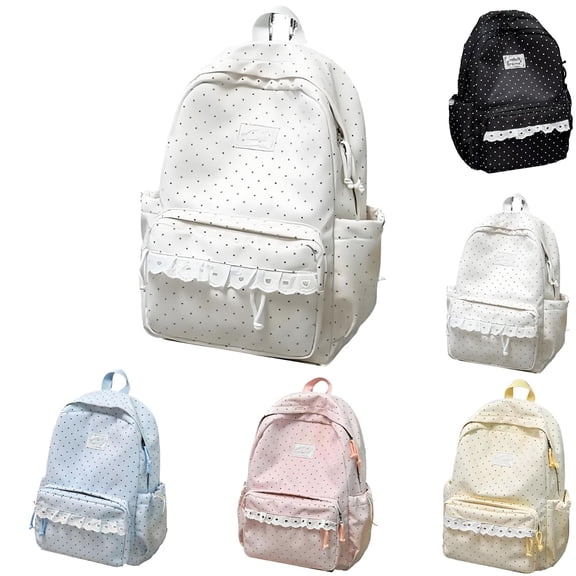 Polka Dot School Backpacks Polka Dot Backpack Multi Color Dot Pattern Lace Accent Kawaii Daypack Spacious Storage Laptop Rucksack for High School Girls Back To School Gift,White