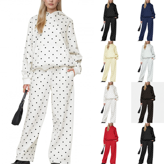 Polka Dot Set Women Oversized Hoodie and Wide Leg Sweatpants Comfy and Cozy Fleece Sweatsuits Large Kangaroo Pocket 2 Piece Sweat Set For Streetwear Airport Daily Home Wear