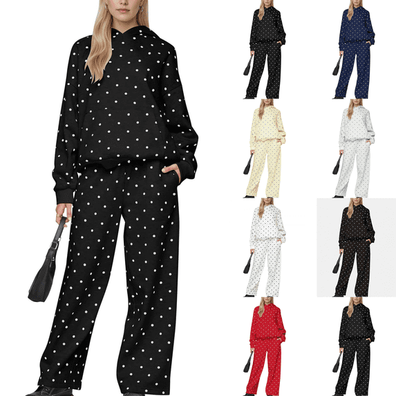 Polka Dot Set Women Oversized Hoodie and Wide Leg Sweatpants Comfy and Cozy Fleece Sweatsuits Large Kangaroo Pocket 2 Piece Sweat Set For Streetwear Airport Daily Home Wear