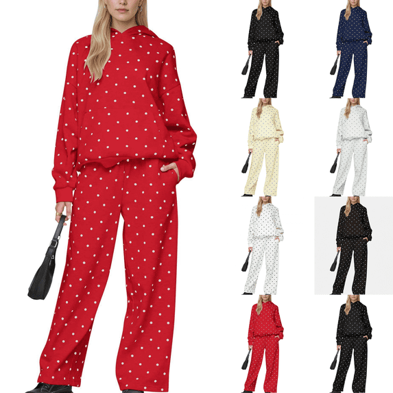 Polka Dot Set Women Oversized Hoodie and Wide Leg Sweatpants Comfy and Cozy Fleece Sweatsuits Large Kangaroo Pocket 2 Piece Sweat Set For Streetwear Airport Daily Home Wear