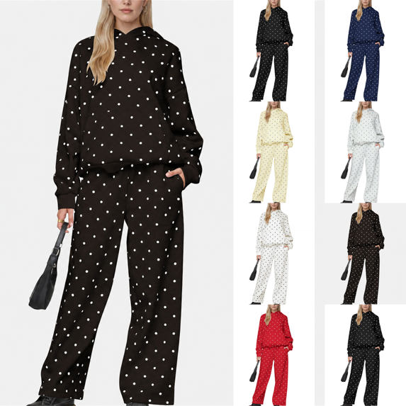 Polka Dot Set Women Oversized Hoodie and Wide Leg Sweatpants Comfy and Cozy Fleece Sweatsuits Large Kangaroo Pocket 2 Piece Sweat Set For Streetwear Airport Daily Home Wear
