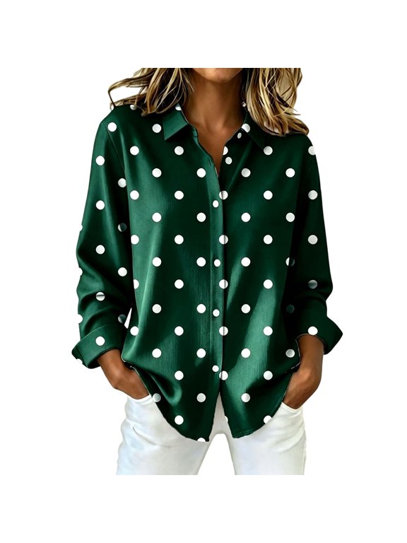 Polka Dot Shirt Button Down Shirts for Women Collared Tops Long Sleeve Tops Summer Tops Fall Outfits Tops for Women Trendy Fall Fashion Fall Tops Workout Tops