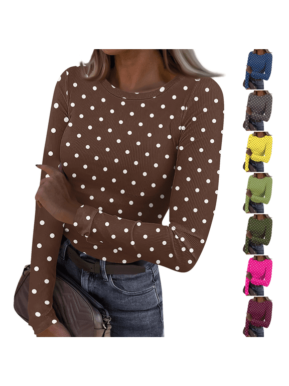 Polka Dot Shirts for Women Long Sleeve Vintage Slim Fit Ribbed Vintage Underwear Tops Fall Fashion Basic Party Casual Round Neck Undershirts S