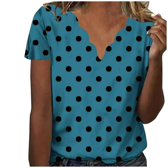 Polka Dot Shirts for Women V Neck Tee Business Work Shirt Casual Summer Shirts Short Sleeve Loose Blouse Soft Tunic Blue XXL