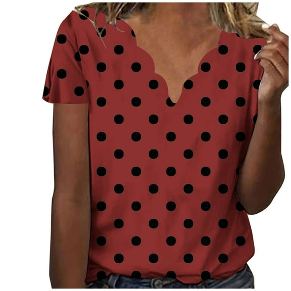 Polka Dot Shirts for Women V Neck Tee Business Work Shirt Casual Summer Shirts Short Sleeve Loose Blouse Soft Tunic Red L