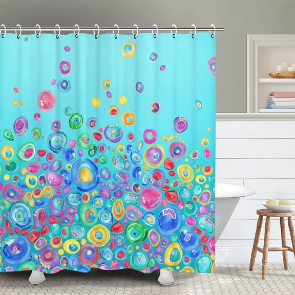 Polka Dot Shower Curtain, Kids Watercolor Rainbow Circles Shower Curtains with 12 Hooks, Girls Waterproof Bathroom Decor, 72 x 72 Inch