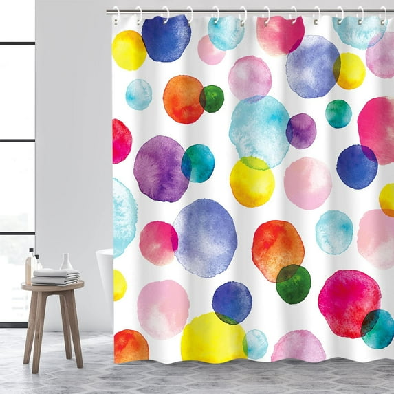 Polka Dot Shower Curtain, Kids Watercolor Rainbow Circles Shower Curtains with 12 Hooks, Girls Waterproof Bathroom Decor, 72 x 72 Inch