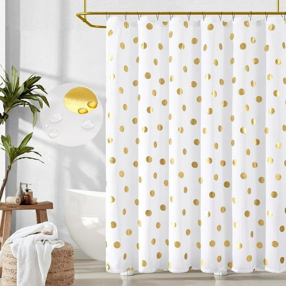 Polka Dot Shower Curtain, Modern Fabric White and Gold Shower Curtain, Gold Foil Spot Pattern Cute Kids Waterproof Shower Curtains for Bathroom with Hooks, Machine Washable 70x72 Inches