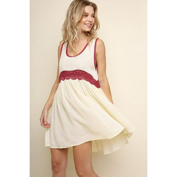 Polka Dot Sleeveless Lace Trim Scoop Neck Dress - LG