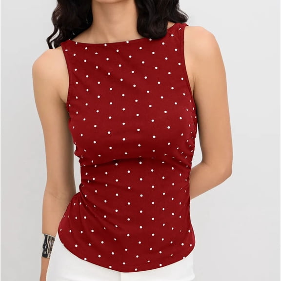 Women's Polka Dot Sleeveless Top Boat Neck Tie Back Cutout Ruched Side Fitted Red