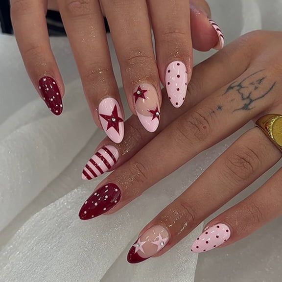 Polka Dot Star Pattern Almond Press On Nails, Removable Reusable False Nail Tips for Women