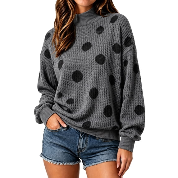 Polka Dot Sweaters for Women Crewneck Casual Knitted Sweater Long Sleeve Waffle Mock Neck Fall Winter Pullover Top