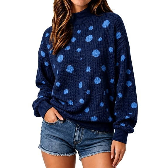 Polka Dot Sweaters for Women Crewneck Casual Knitted Sweater Long Sleeve Waffle Mock Neck Fall Winter Pullover Top