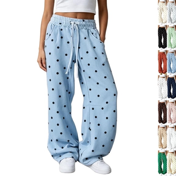 Polka Dot Sweatpants for Women High Waist Drawstring Baggy Joggers Wide Leg Lounge Pants with Pockets, Soft, Casual, Cozy, Going Out, Sport Gym, Fall, Trendy,Light Blue,S
