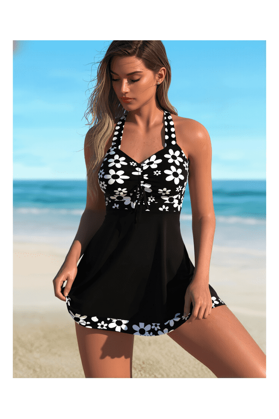 Polka Dot Tankini Swimsuit for Women - Daisy Print Halter Top with Flared Skirt Bottom - Tie Front Bathing Suit - Cute Summer Swimwear for Beach & Pool