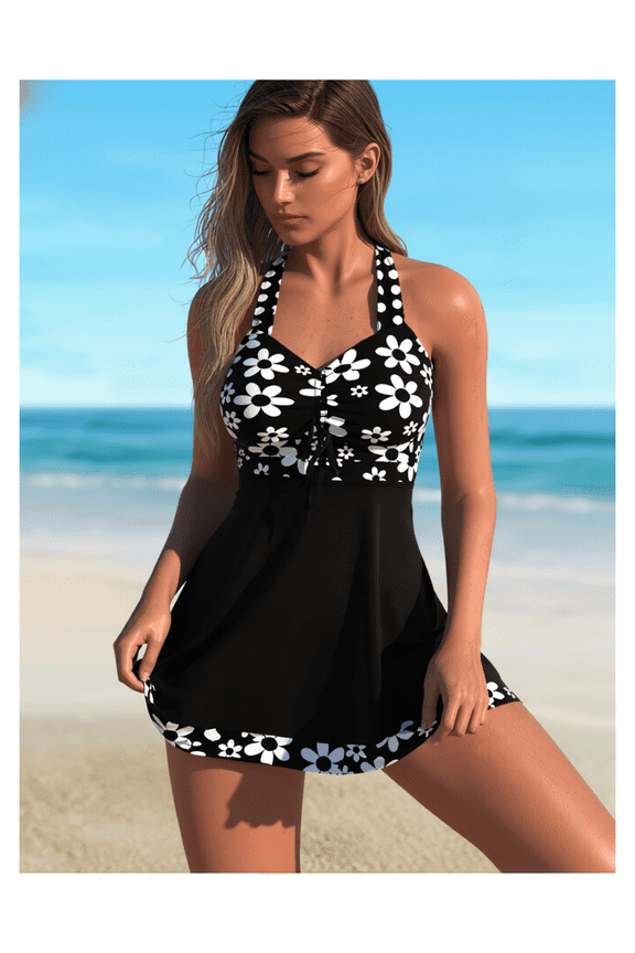 Polka Dot Tankini Swimsuit for Women - Flared Skirt Bottom - Daisy Print Halter Top - Tie Front - Modest Bathing Suit for Swimming & Beach