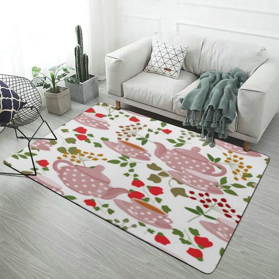 Polka Dot Tea Party Floral Print Soft Comfy Area Rugs Carpet Suitable for Living Room Kitchen Bedroom Laundry Room Home Decorations