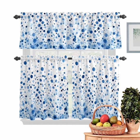 Polka Dot Theme Kitchen Curtains Valances 3 Piece Set, Watercolor Gradient Navy Blue Rod Pocket Tier Curtain and Valance Drapes for Small Window 36 Inch Length for Bedroom Cafe