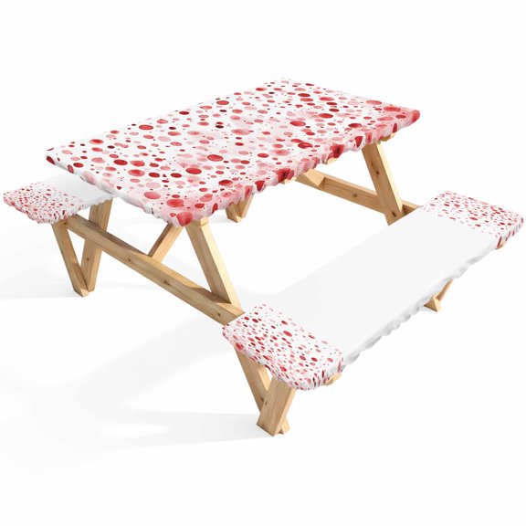 Polka Dot Theme Picnic Table Cover with Bench Covers Watercolor Gradient Red Waterproof Fitted Picnic Tablecloth 3 Pieces Set Table Cloth for Outdoor Camping Garden BBQ