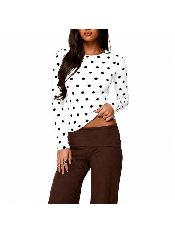 Polka Dot Top for Women Slim Fit Crew Neck Long Sleeve Shirts Underscrub Polkadot Slim Fitted Going Out Shirt Brown S