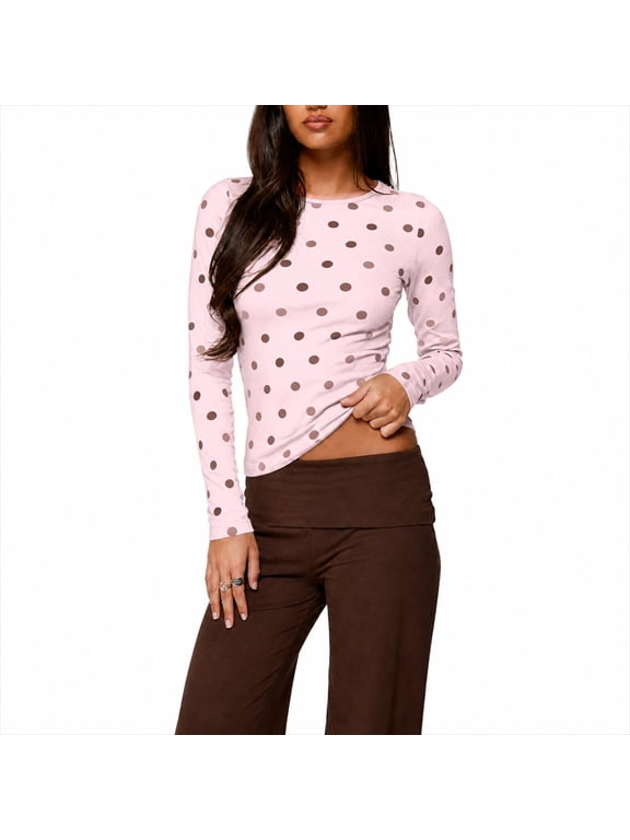 Polka Dot Top for Women Slim Fit Crew Neck Underscrub Long Sleeve Shirts Y2K Cute Casual Comfy Compression Tops M