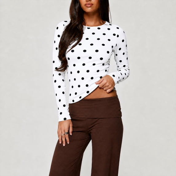 Polka Dot Top for Women Y2k Long Sleeve Crew Neck Slim Fit Comfortable Underscrub Shirt,XXL