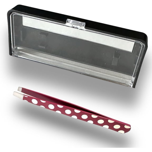 Polka Dot Tweezers Surgical Grade Stainless Steel - Slant Tip Professional Eyebrow Shaping Splinter Ingrown Facial Hair Removal Protective Case with Mirror - Ideal Tweezer for Men Women