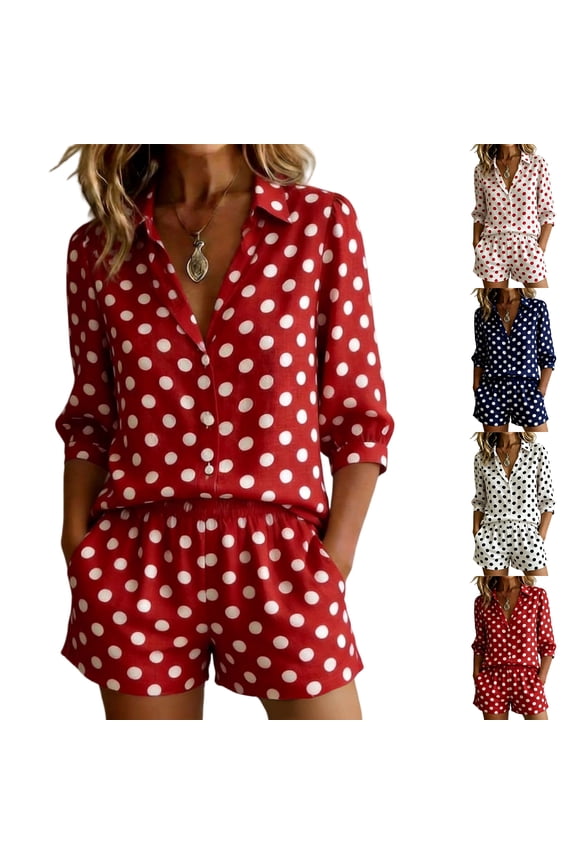 Polka Dot Two Piece Set for Women, Long Sleeve Button Down Shirt & Elastic Waist Shorts - Casual Summer Vacation Outfit with Pockets Red M