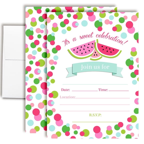 Polka Dot Watermelon Birthday Invitations for Kids, 20 Fill-In Cards with Envelopes, 5x7 Children's Birthday Party Invitations, Birthday Party Supplies, Made in USA by Amanda Creation