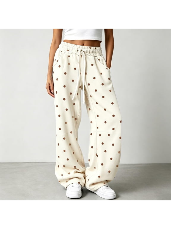 Polka Dot Wide Leg Pants for Women Drawstring Casual Trousers with Side Pockets Loose Fit Vintage Style for Lounge Travel Everyday Wear