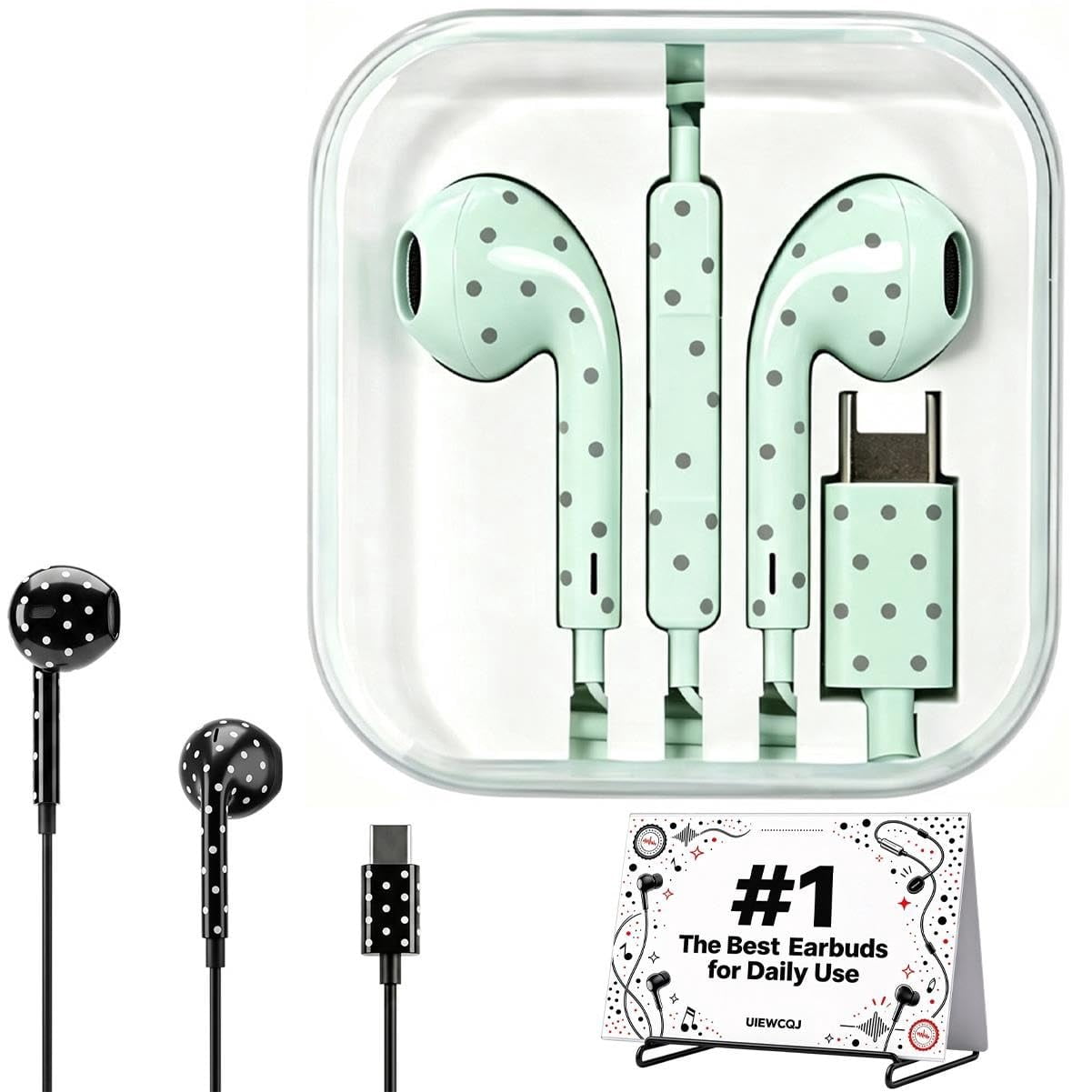 Polka Dot Wired Earbuds USB C Earphones with Microphone and Volume ...
