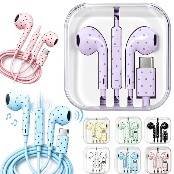 Polka Dot Wired Earbuds, USB C Wired Earbuds with Microphone In-Ear Headphones with Storage Case, Lightweight Earphones for Phones, Tablets, Laptops and USB-C Devices, 7 Colors
