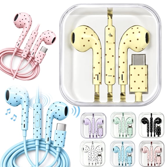 Polka Dot Wired Earbuds, USB C Wired Earbuds with Microphone In-Ear Headphones with Storage Case, Lightweight Earphones for Phones, Tablets, Laptops and USB-C Devices, 7 Colors