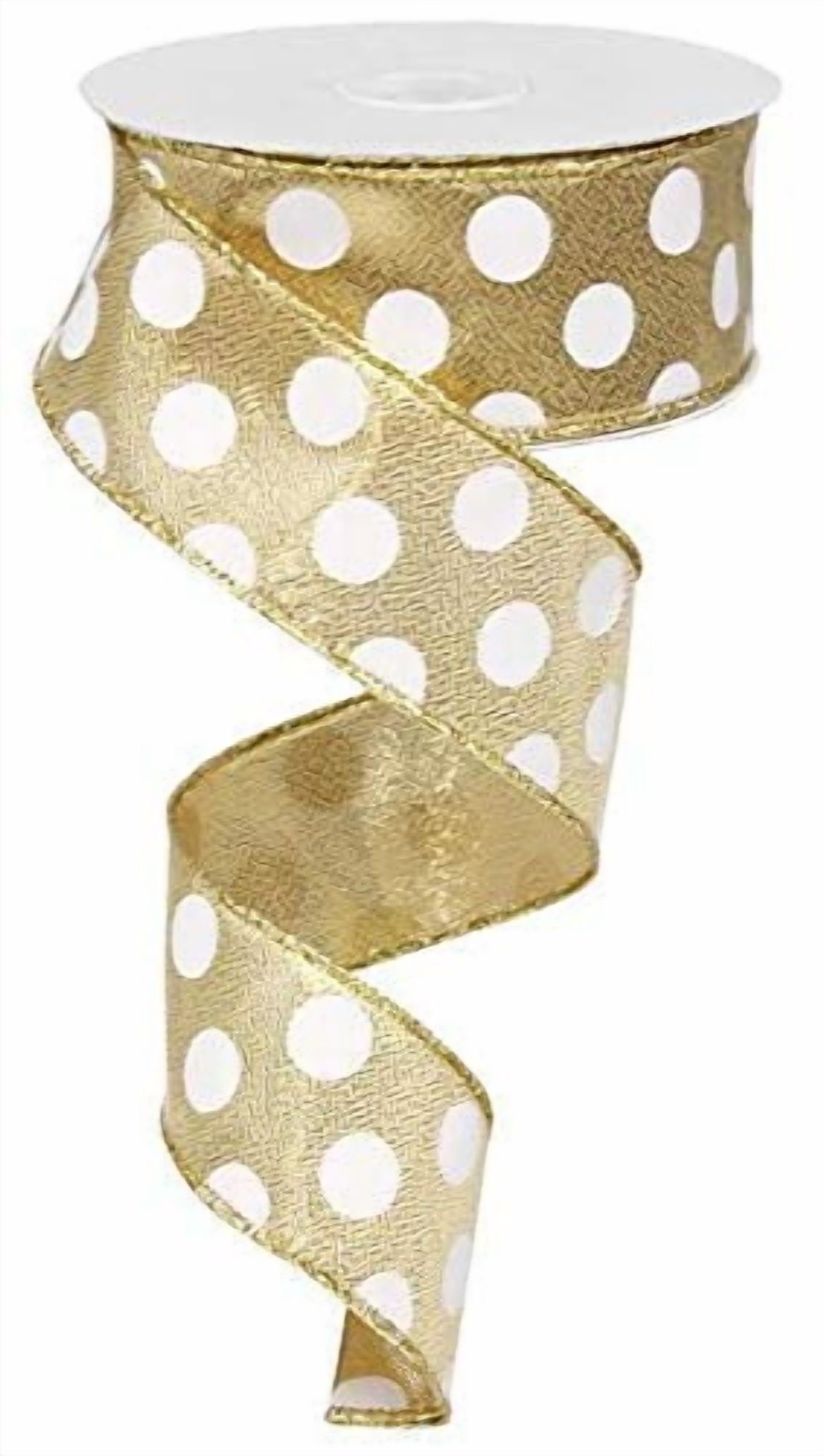 Polka Dot Wired Ribbon, Gold White, 1.5 Inch x 50 Yard