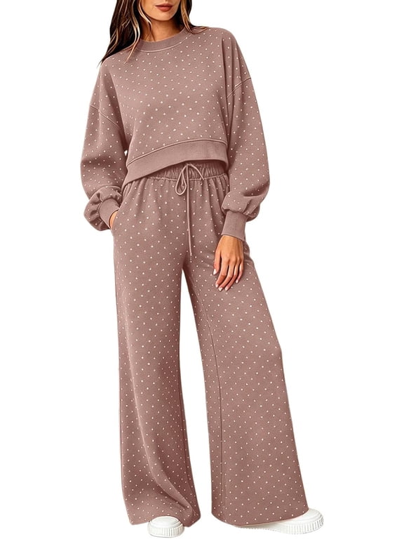 Polka Dot Workout Sets For Women Long Sleeve Fall Sweatshirts Set | Polka Dot Two Piece Set Women Going Out Oversized Hoodie With Pocket Wide Leg Sweatpant Set Matching Tracksuits