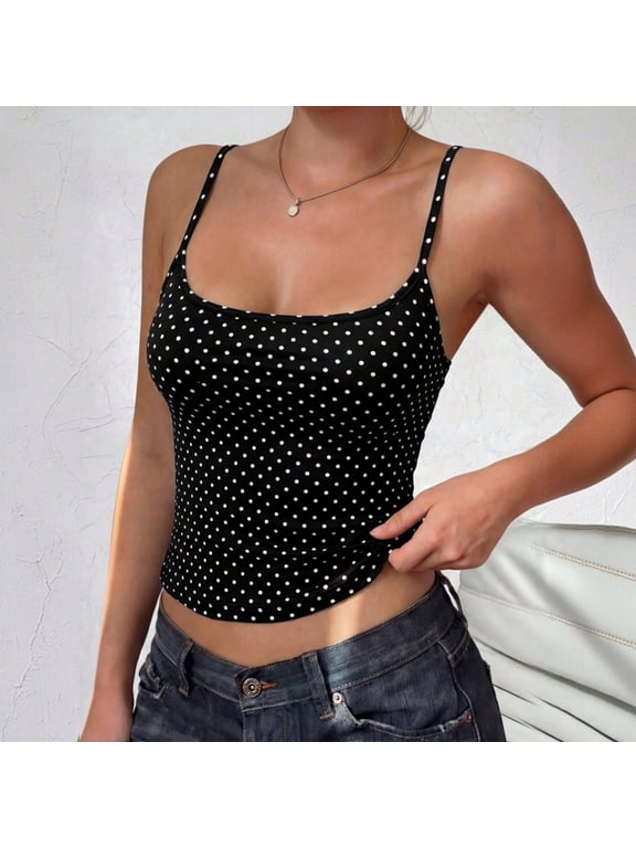 Polka Dot Y2K Cami Tank Top for Women Sleeveless Spaghetti Strap Cute Summer Tops Casual Beach Camisole Slim Fit Going Out Basic Shirts Streetwear Fitted Aesthetic Stretchy Basic Undershirt Black